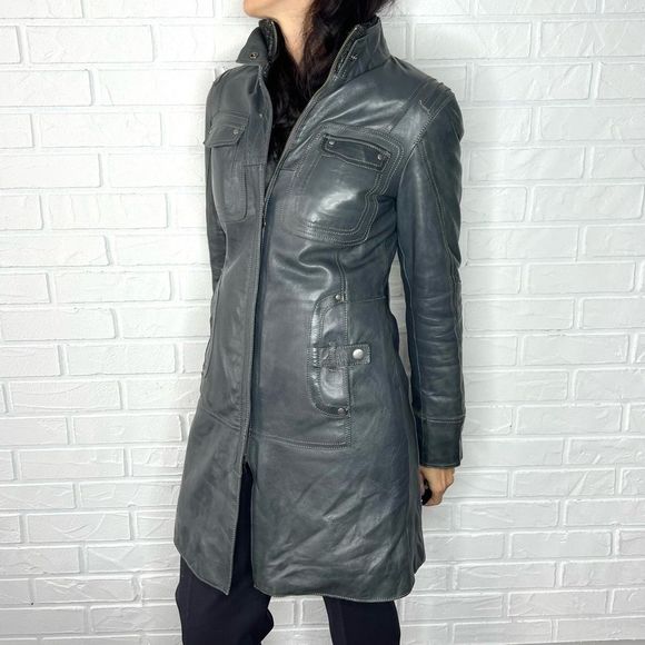 Danier Jackets & Blazers - DANIER grey blue fitted mid length wool lined leather coat XXS